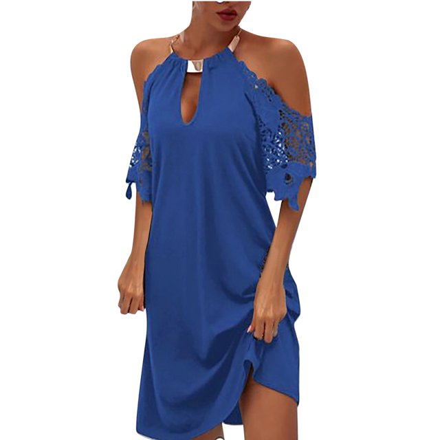 Fridja Robe Longue Unie pour Femmes en Dentelle à Manches Courtes, Col Rond, Dos Nu, Coupe Ample