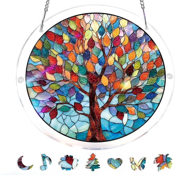 BESTSKY Acrylic Jigsaw Puzzle Suncatcher, 7.4 Inch Vivid Tree of Life Stained Glass Window Hanging, DIY Home Decor Craft