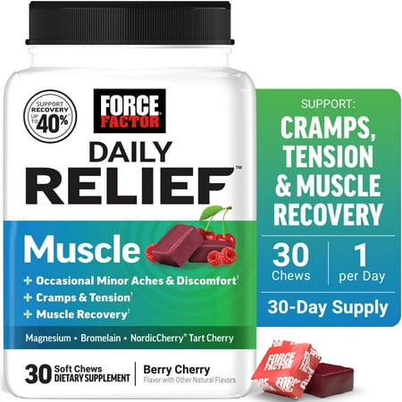 Force Factor Daily Relief Muscle Support, Magnesium Glycinate, Tart Cherry & Bromelain for Muscle Relaxation & Recovery, Berry Cherry, 30 Soft Chews