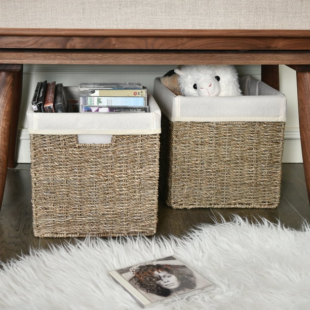 Foldable Seagrass Storage Basket With, Woven Storage Baskets For Shelves