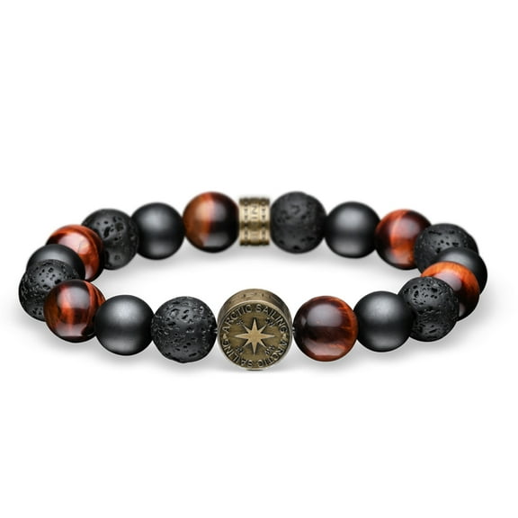 BERING Arctic Symphony Collection Brushed Gold Stainless Steel with Sandblast, Red Tiger Eye and Lava Beads Arctic Sailing Bracelet. 631-642-200