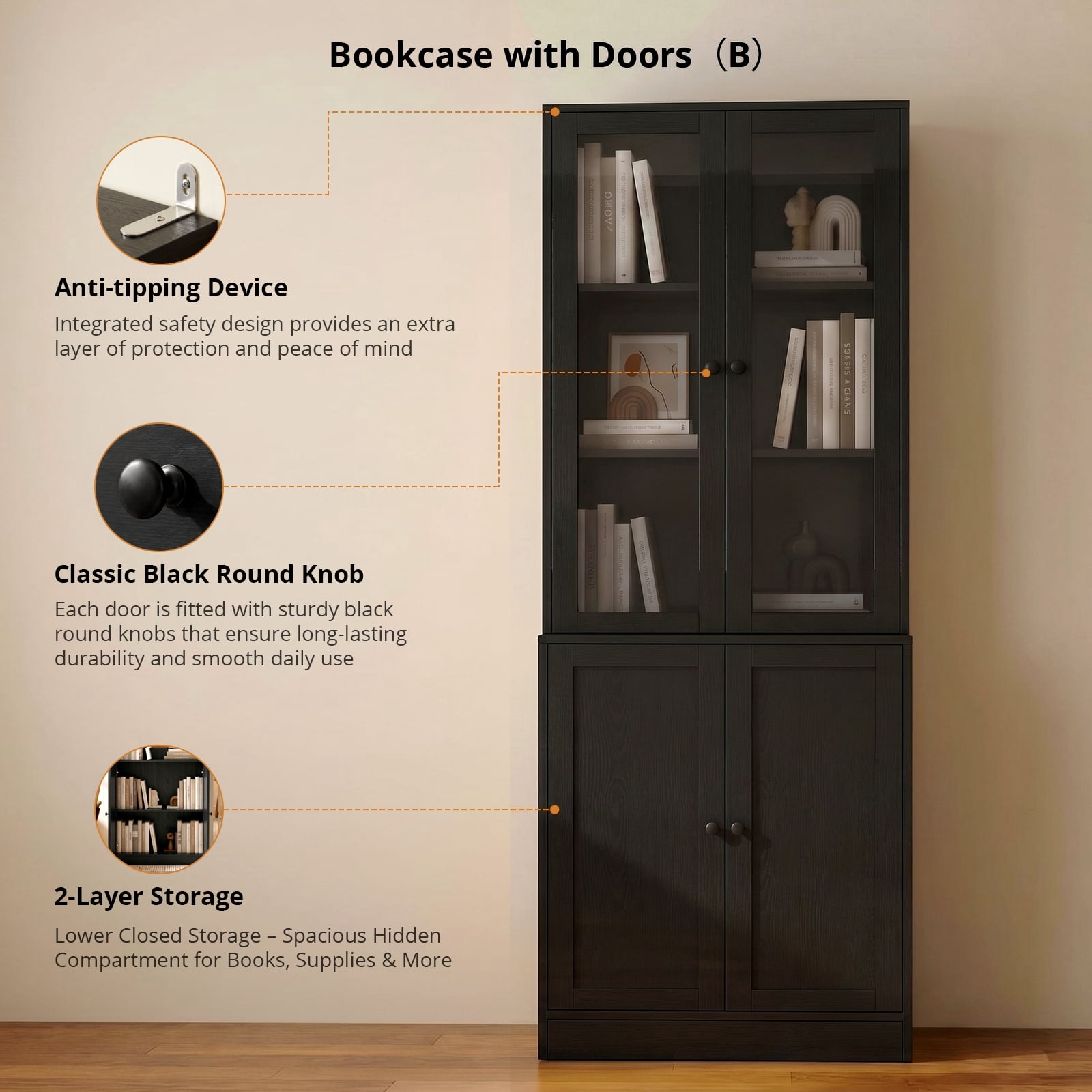 RichYa 71'' Tall Bookcase with Glass Doors, 3-Tier Display Bookshelf & 5-Tier Storage Cabinet for Home Office Living Room