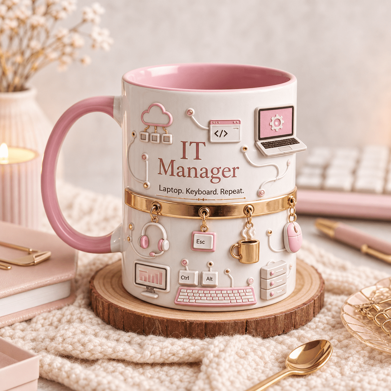 IT Manager Mug Pink Coffee Cup with Laptop Keyboard Design Gift for Tech Professionals