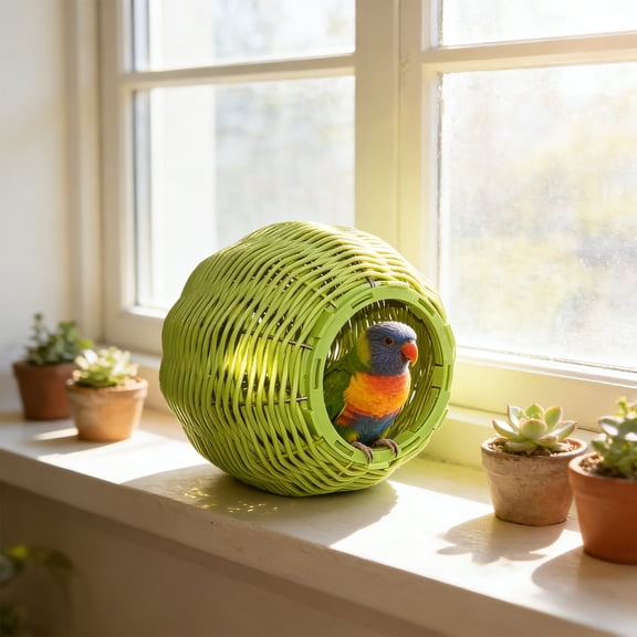Woven Bird Hammock Nest, Chew Resistant Bird Bed House, Washable Breathable Sleeping Hut for Parrots & Small Birds, Easy Install Bird Cage Accessory,Green