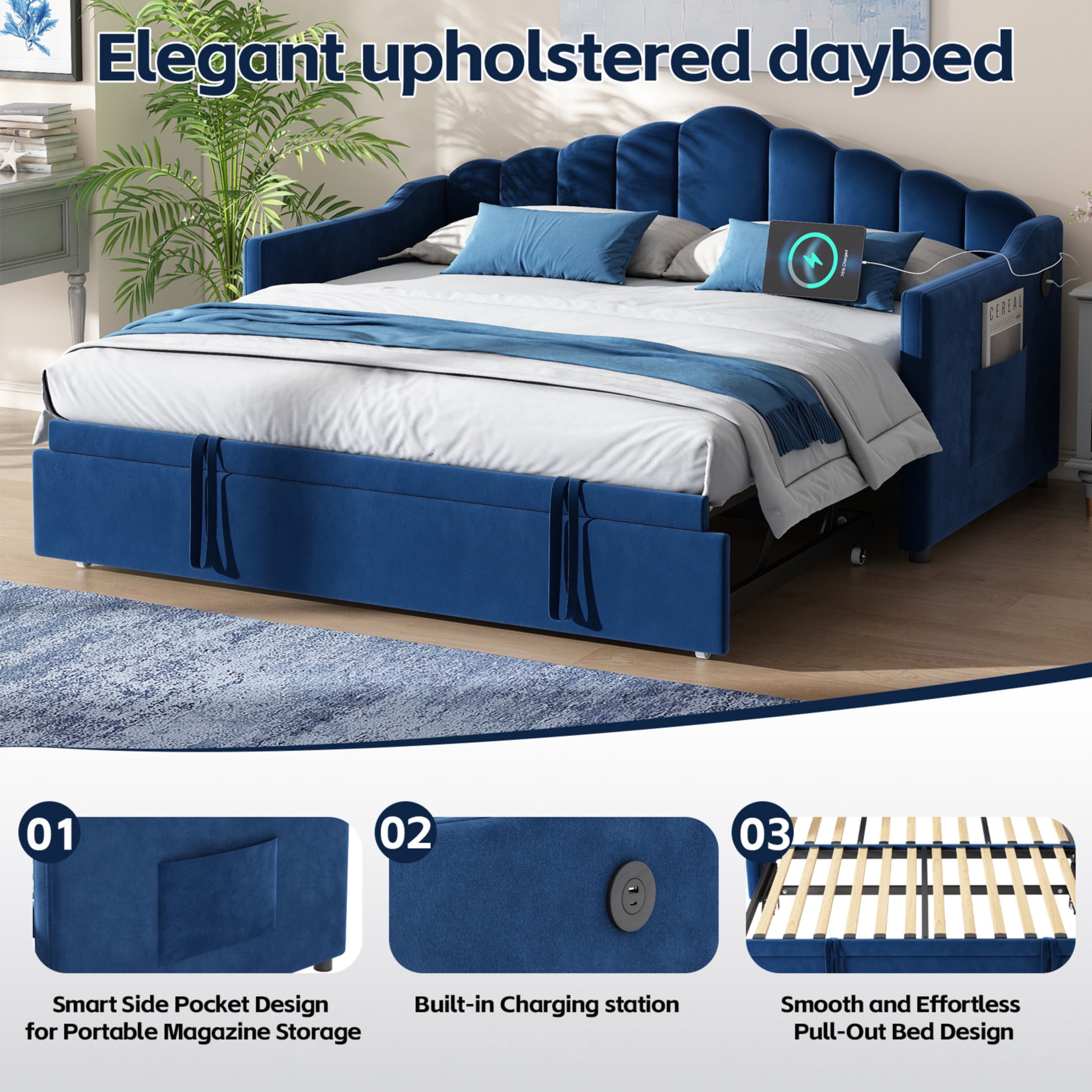 Noble House Twin Upholstered Daybed with Pop-Up Trundle, USB and Type-C Charging Ports, Blue