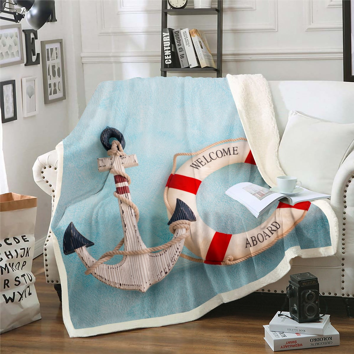 Erosebridal Nautical Coastal Throw Blanket for Couch Sofa Anchor Fleece Blanket Summer Beach Sherpa Blanket Throw Size Classic Style Ocean Blanket Red Teal Blue Navy Blue Flannel Blanket Microfiber Wa...