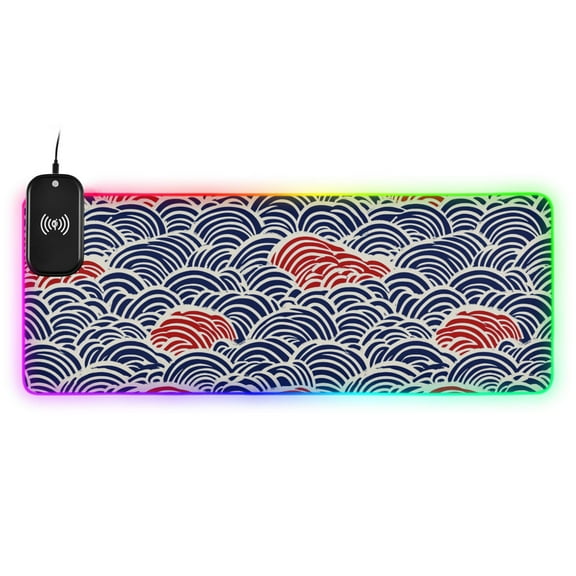 RGB Gaming Mouse Pad 15W Wireless Charging Large Waterproof Desk Mat 13 Light Modes Mousepad 31.5x11.8 Red Blue Japanese Wave