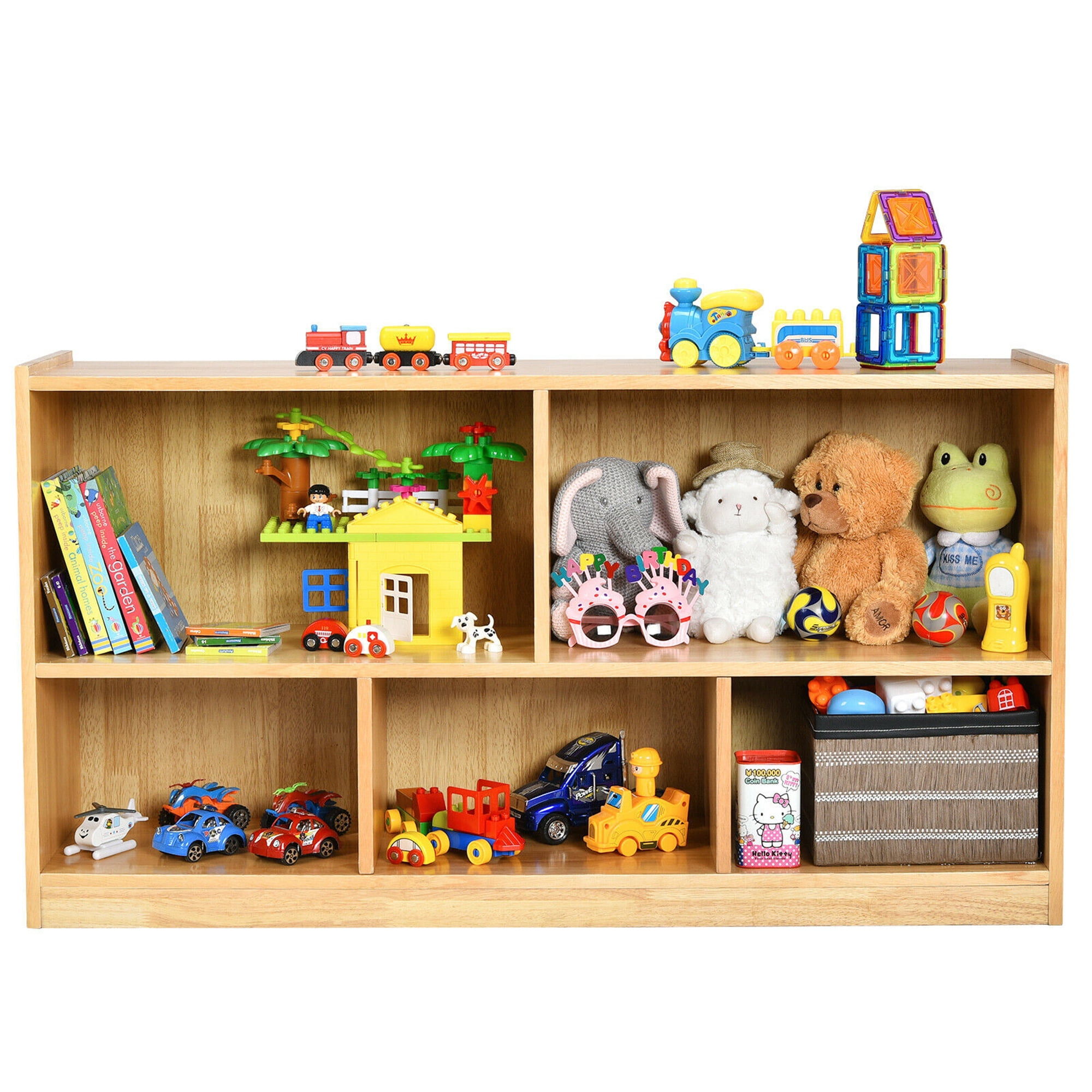 Gymax Kids 2-Shelf Wood Bookcase Organizer 5-Cube Storage Cabinet Natural