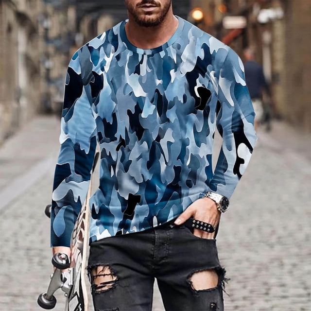 Blusas y camisas de manga larga con cuello redondo para hombre, blusa informal de manga larga con cuello redondo y estampado para hombre