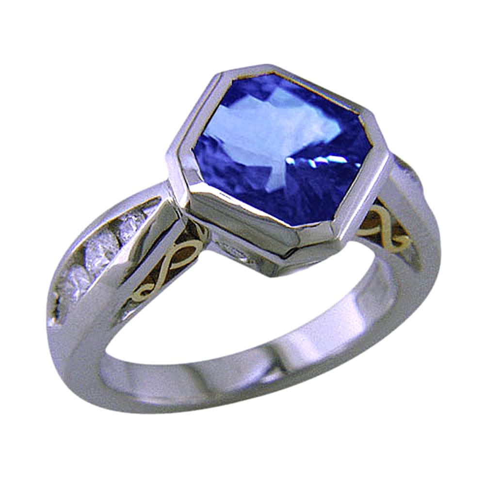 Two tone gold Radiant AAA tanzanite diamonds 3.75 carat ring bezel set size 10.25 by