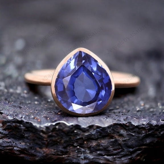 Teardrop Ceylon Sapphire Engagement Ring Women Solitaire Stacking Ring Bezel Set Promise Ring Antique Engraved Jewelry Personalized Gifts