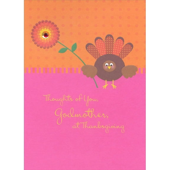 Designer Greetings Cute Turkey Holding Flower with Gem Embellishment Thanksgiving Card for Godmother