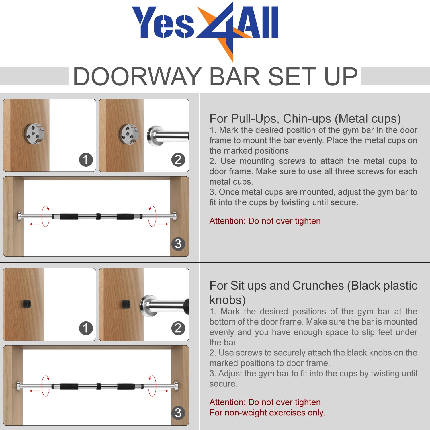 Yes4all Doorway Chin Up Bar For 25 To 34 Doorway Opening