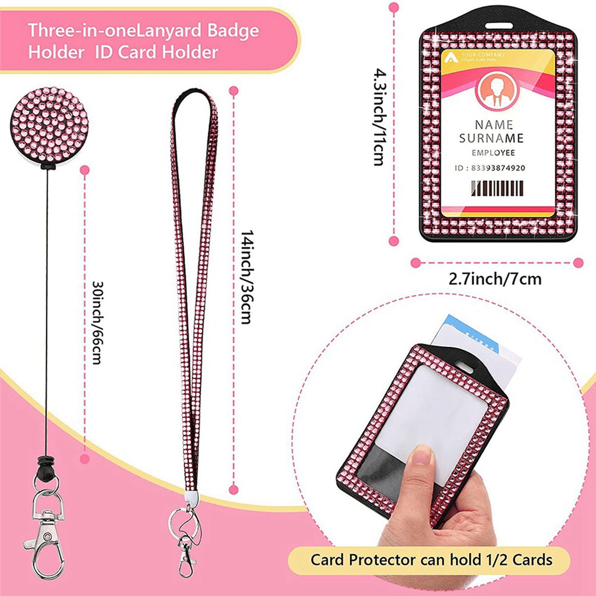 20 Sets Rhinestone Lanyard ID Card Holder Crystal Retractable Badge Reel Rhinestone Neck Lanyard Card Holder