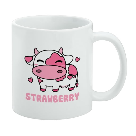 Cute Kawaii Strawberry Milk Cow Ceramic Coffee Mug, Novelty Gift Mugs for Coffee, Tea and Hot Drinks, 11oz, White