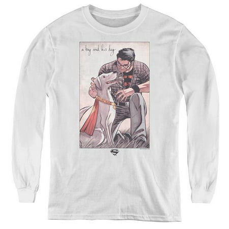 Trevco Sportswear SM2386-YL-2 Superman & Mans Best Friend Youth Long Sleeve T-Shirt, White -