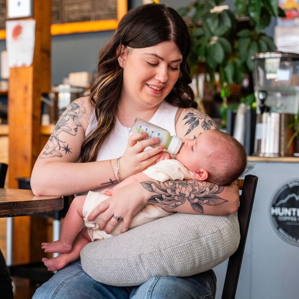 Boppy Anywhere Travel Nursing Pillow - Compact, Ergonomic Bottle & Breastfeeding Pillow with Snap & Loop Hanging Closure and Firm Hypoallergenic Fill, Baby Safety Alliance Verified