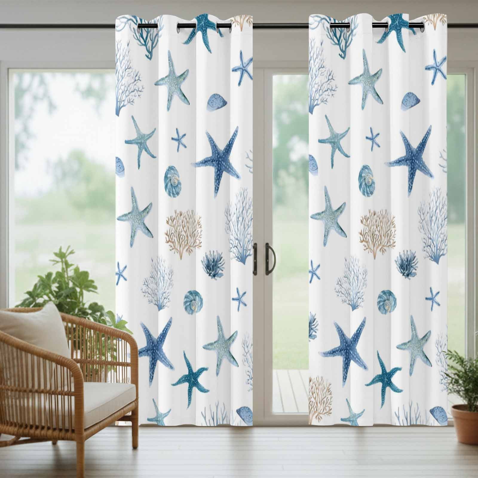 Oceans Animal Outdoor Curtains for Patio, Summer Blue Starfish Seanut Coral Seagrass Sunshade Privacy Drapes Grommet Waterproof Outside Curtains for Porch/Cabana/Balcony 54"x 108", 1 Panel