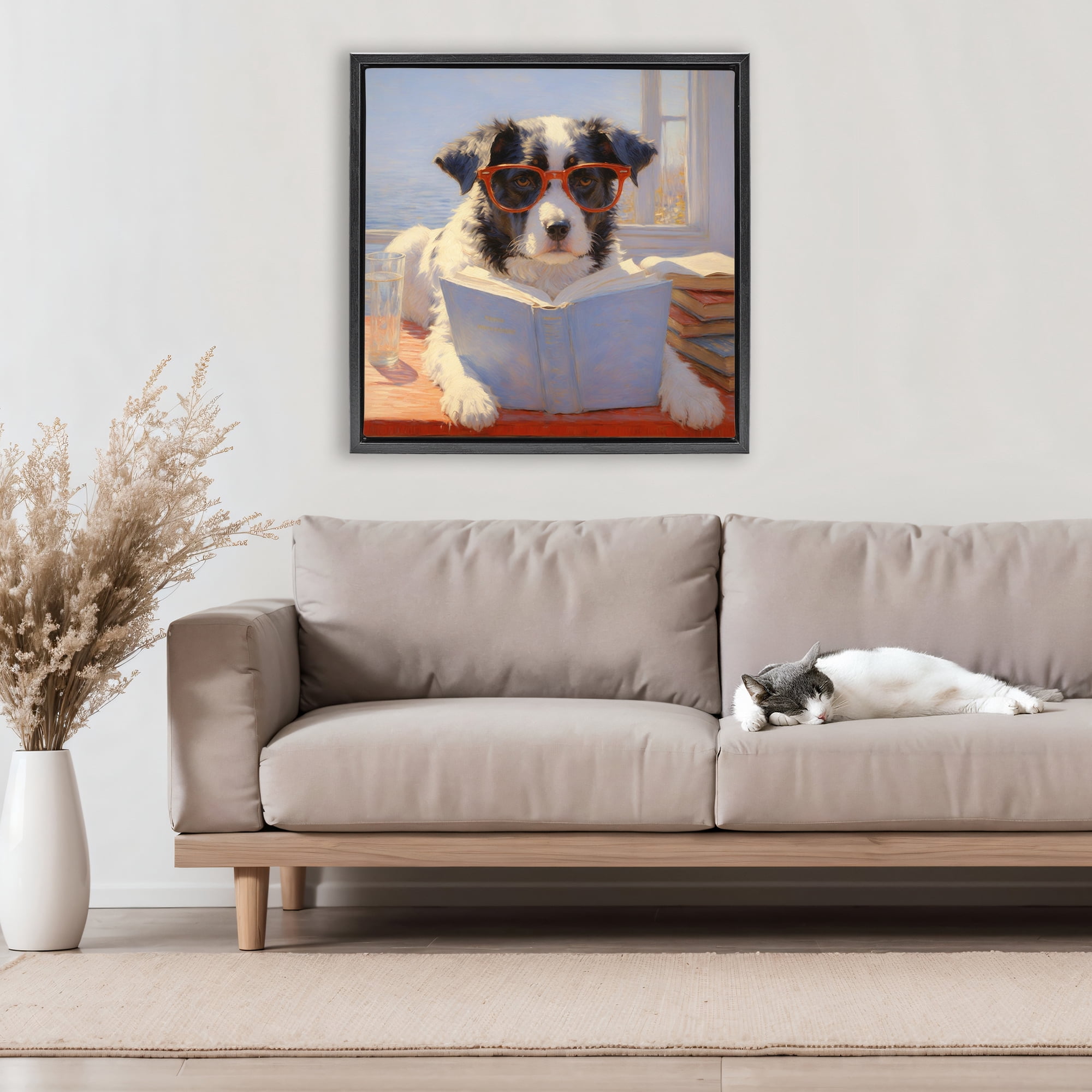 Stupell Industries Sunlit Dog Reading By Window Black Framed Floater Canvas Wall Art, design by Angie Hawke