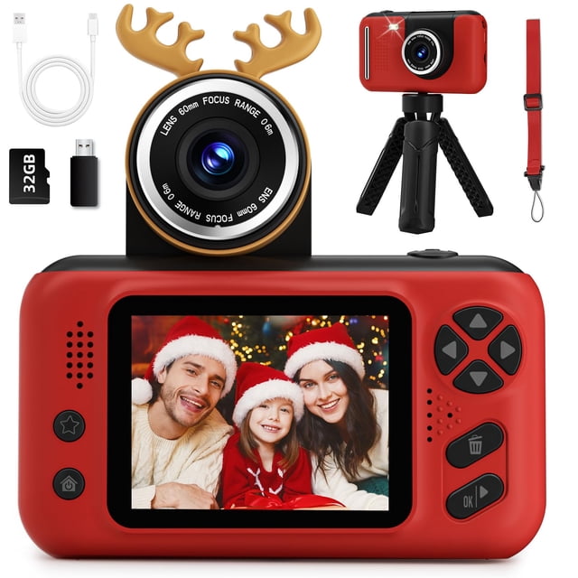 Cámara para niños Makolle 1080P HD Video Selfie con tarjeta SD de 32 GB, roja