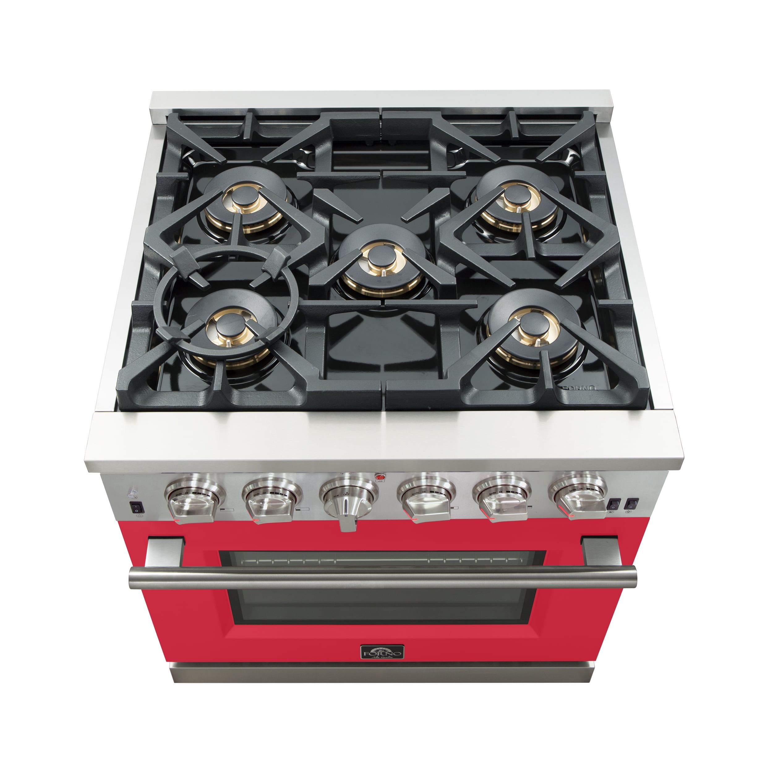Forno Capriasca 30-Inch Freestanding Gas Range, 4 Burners, True Convection Oven, Red Door