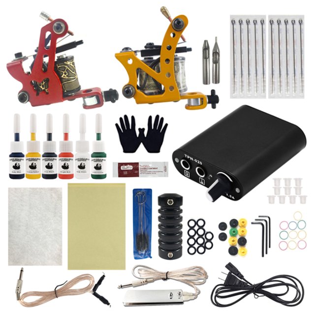 Kit completo para principiantes de tatuajes con máquinas de tatuajes Fuente de alimentación Pie yeacher Kit de tatuajes