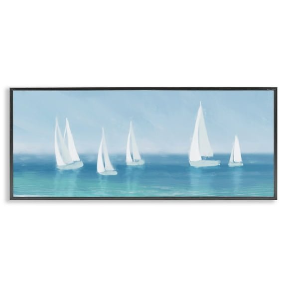 Stupell Industries White Sail Boats Across Coast Nature Painting Black Framed Art Print Wall Art, 24 x 10
