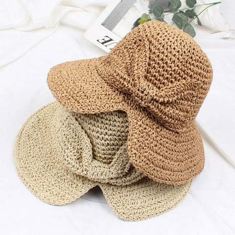 Crochet Straw Sun Hat for Women Floppy Beach Sun Hat Soft Large Lady Bucket  Hat Foldable Travel Summer Medium Khaki at  Women's Clothing store