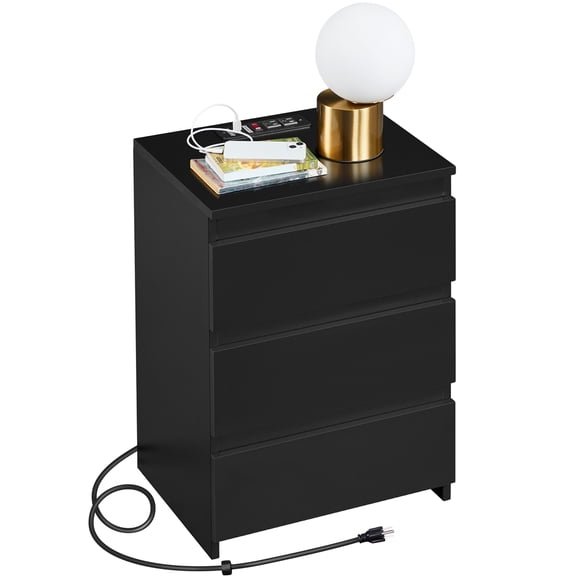 Yaheetech Vertical Nightstand with 3 Drawers and Charging Station for Home Office,Black