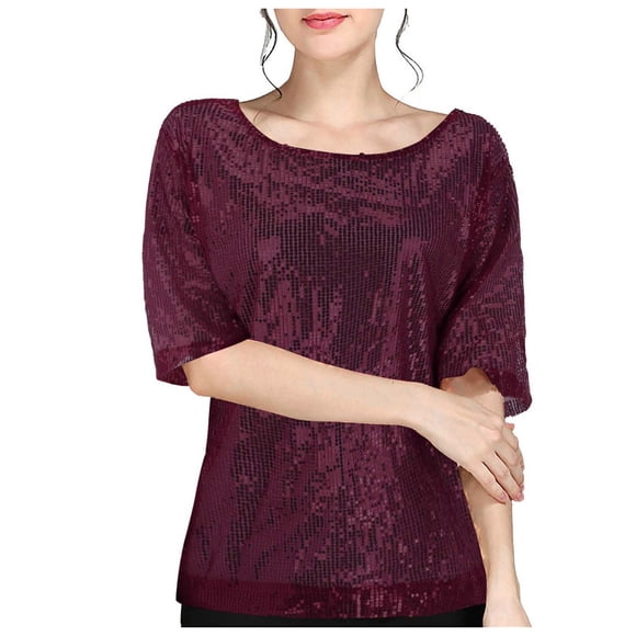 UANWENN T-Shirt Décontracté Uni à Paillettes Col Rond Manches Courtes Grande Taille Col Roulé Manches Longues Chemise Unie Femmes Chemises de Travail Été Col Roulé Long