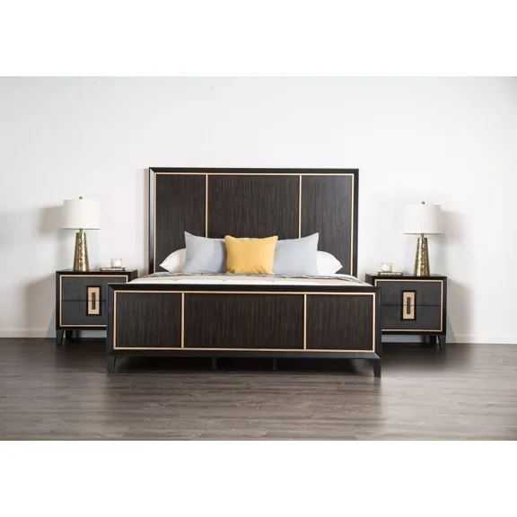 Queen Size Bed 2x Nightstands Espresso Panel Headboard Footboard 3pc Bedroom Set Contemporary Style