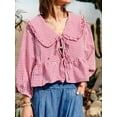 thumbnail image 4 of Women's Blouse Summer Sweet Shirt Plaid Print Lantern Peasant Tops Long Sleeve Doll Collar Tshirts Tie-Up Front Loose Peplum Tops for Casual, 4 of 7