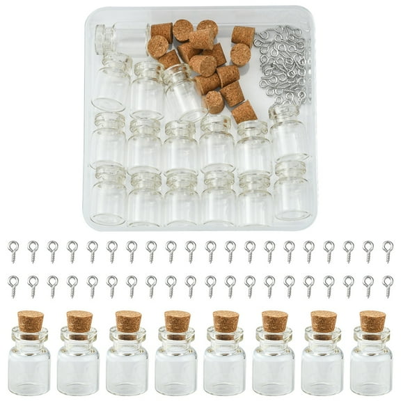 1Box DIY Pendant Making Kits include 16Pcs Mini Cute Small Glass Jar Glass Bottles 40Pcs Iron Screw Eye Pin Peg Bails Clear