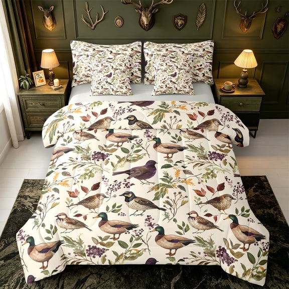 Manfei Green Billed Waterfowl Print 7-Piece Twin Bedding,Vintage Mallard Duck Bedding Comforter Set,Light Gray Reversible