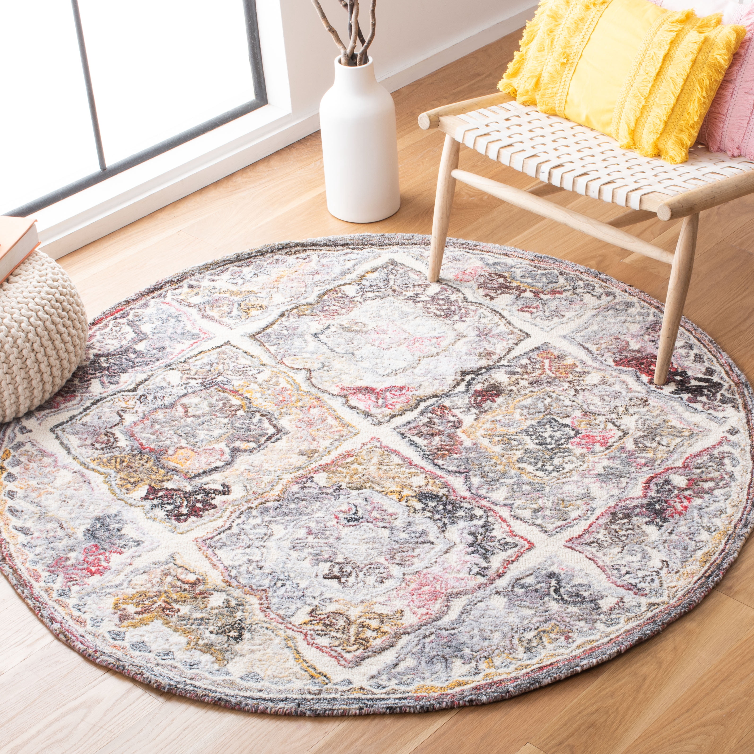 SAFAVIEH Micro-Loop Hudson Medallion Area Rug, Grey/Ivory, 5' x 5' Round