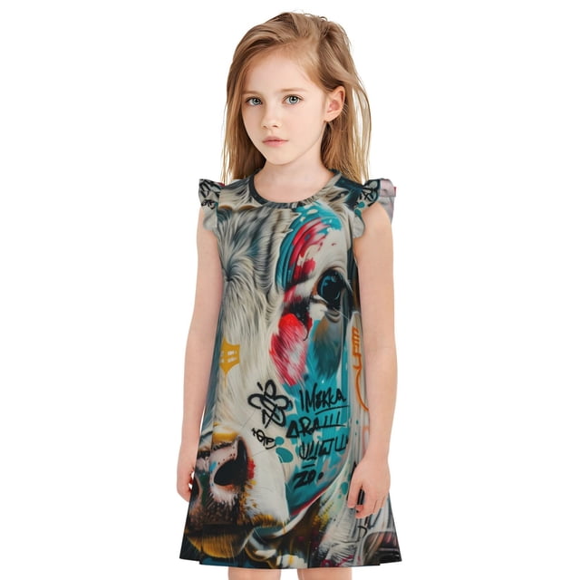 Fotbe Colorful Graffiti Cow Vestido de Dormir para Niñas de 3 a 10 Años, Mangas Cortas, Estilo Princesa, Pijama Camisón con Mangas Voladas-XX-Large