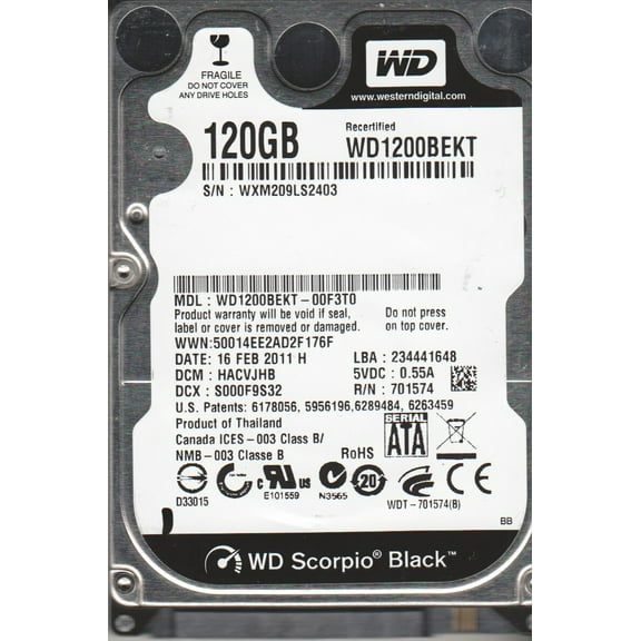 WD1200BEKT-00F3T0, DCM HACVJHB, Western Digital 120GB SATA 2.5 Hard Drive