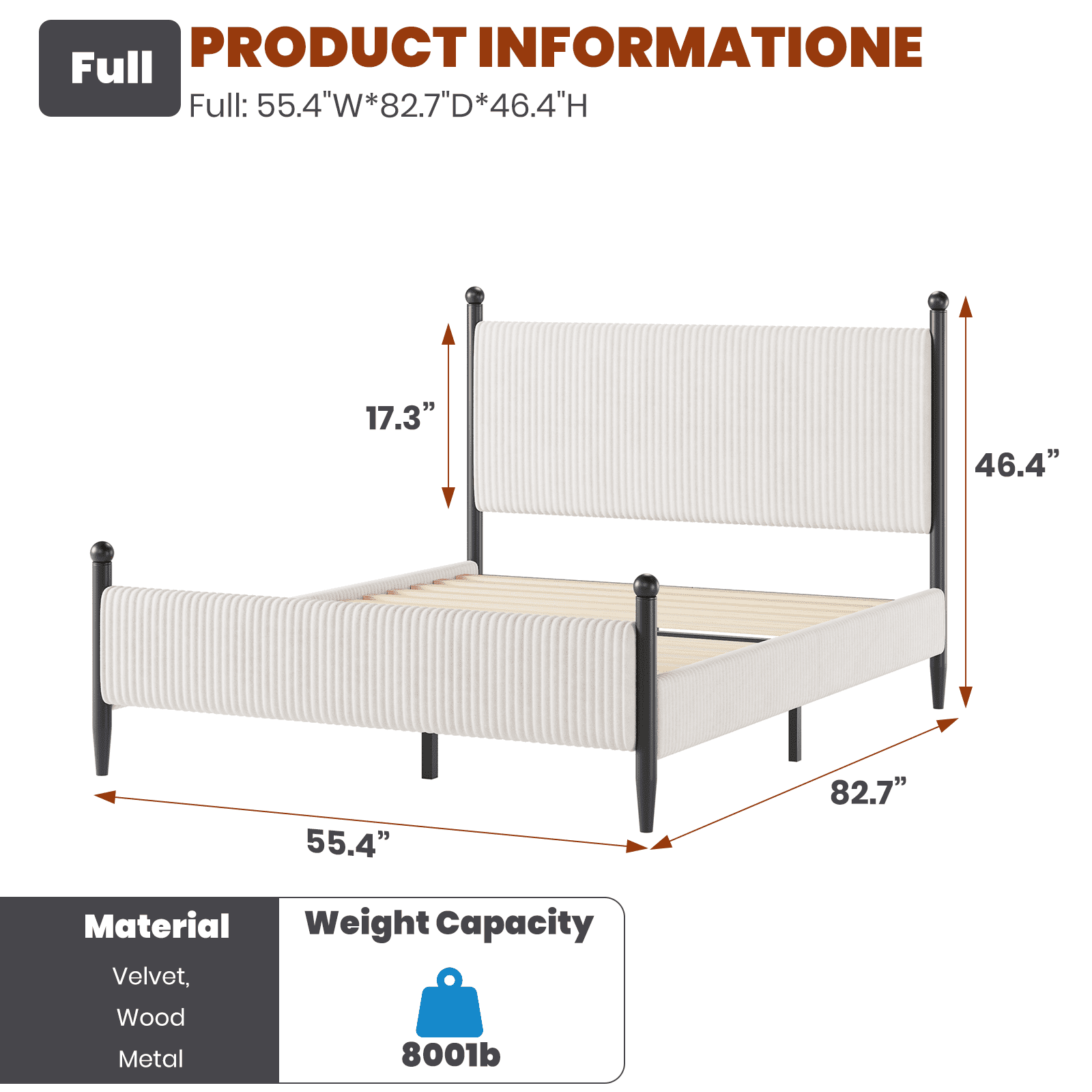 Full Size Upholstered Bed Frame with Velvet Headboard, Soft Corduroy Fabric Platform Bed with Wooden Slats Support, No Box Spring Needed, White