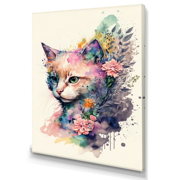 Designart Cute Cat Floral Art IV Canvas Wall Art