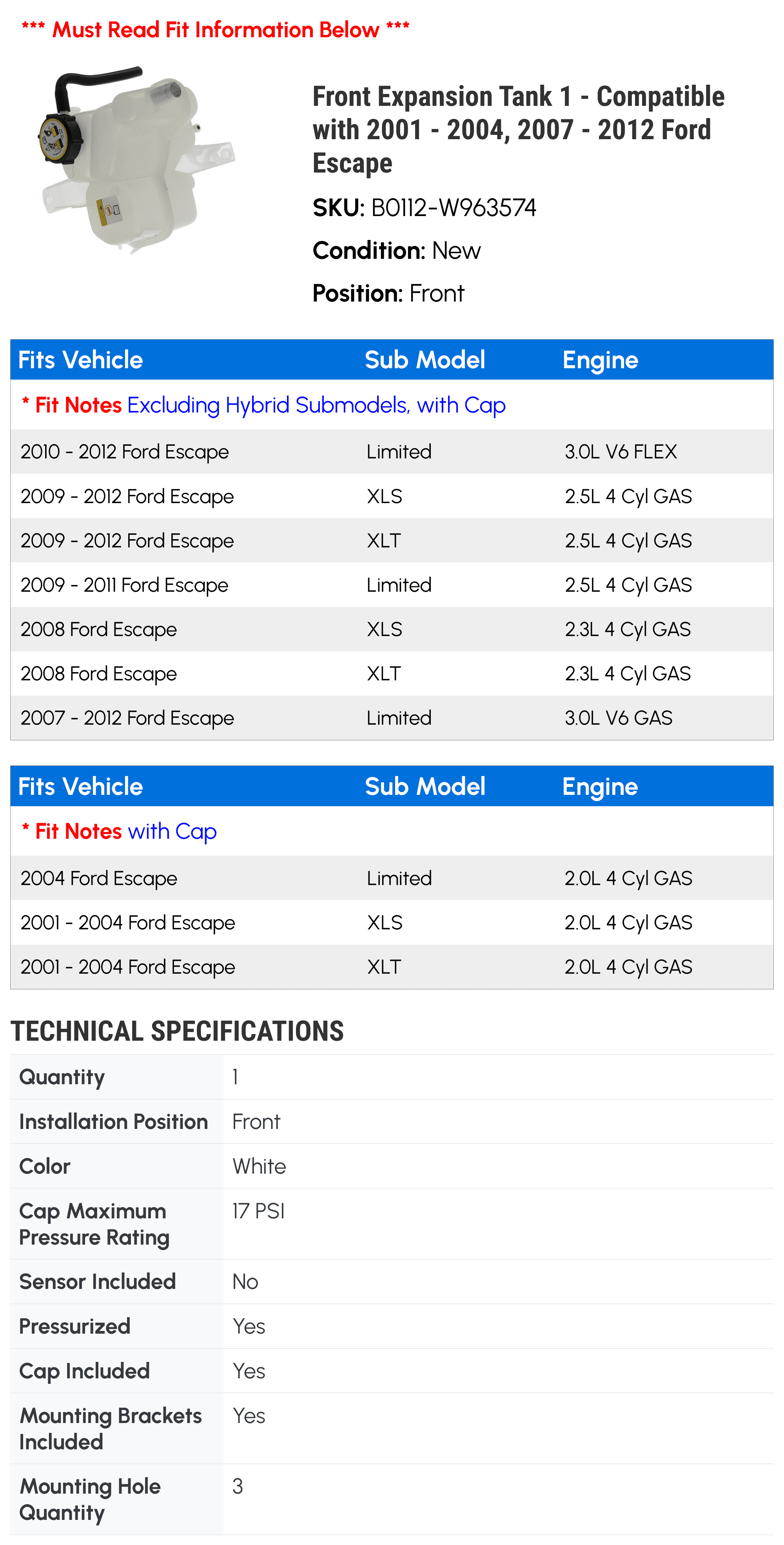 Front Expansion Tank 1 - Compatible with 2001 - 2004, 2007 - 2012 Ford Escape - Autopart Premium