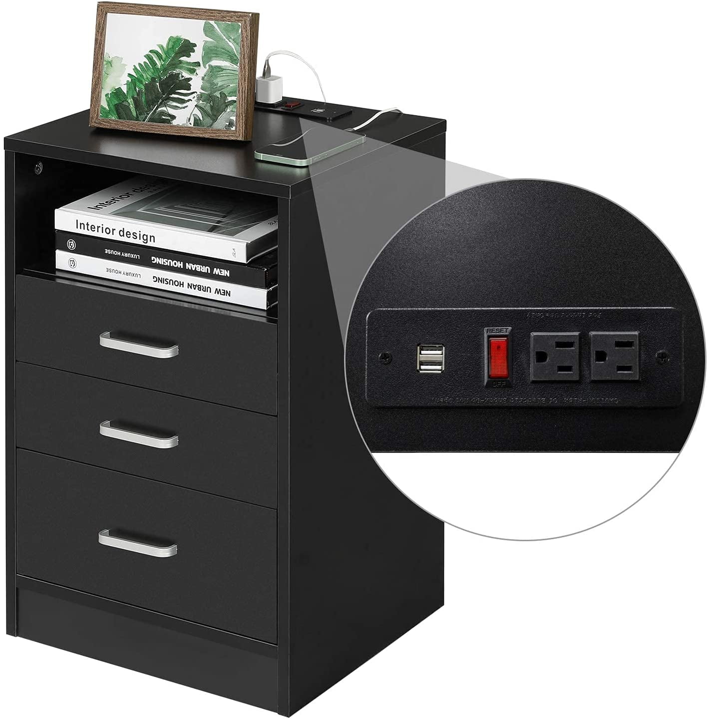 Nightstand with USB Port, Modern End Table with 3 Drawers for Bedroom
