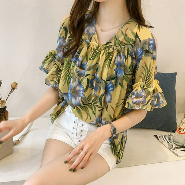 Women's Floral Printing Off-Shoulder Chiffon Blouse 