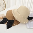 thumbnail image 3 of Sombrero de paja informal para adultos, sombrero para el sol con diamantes de imitación y perlas, protector solar para playa y vacaciones, con lazo, gorra de ocio, 3 of 3