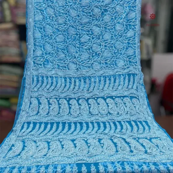 Sky Blue Chikankari Hand Embroidered Saree