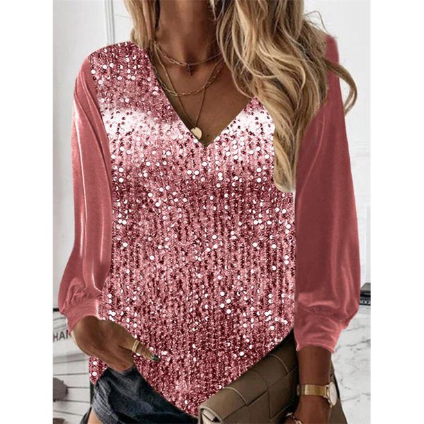 Tops con cuello en V de Color sólido de lentejuelas para mujer, Jersey suelto informal, Camiseta con estampado Digital, ropa de calle de algodón, ropa femenina