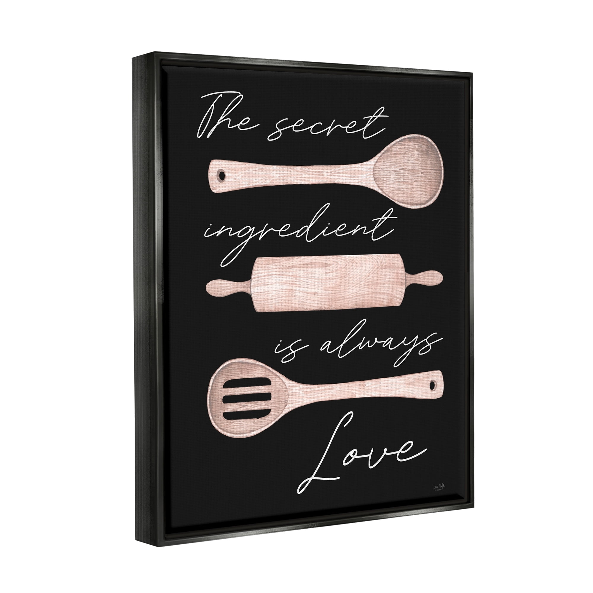 Stupell Industries Secret Ingredient Love Romantic Baking Utensil Quote Graphic Art Metallic Gold Floating Framed Canvas Print Wall Art, Design by Lux + Me Designs