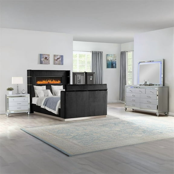Lavish Modern Style 4 Pc King Bedroom Set Made with Wood in Black