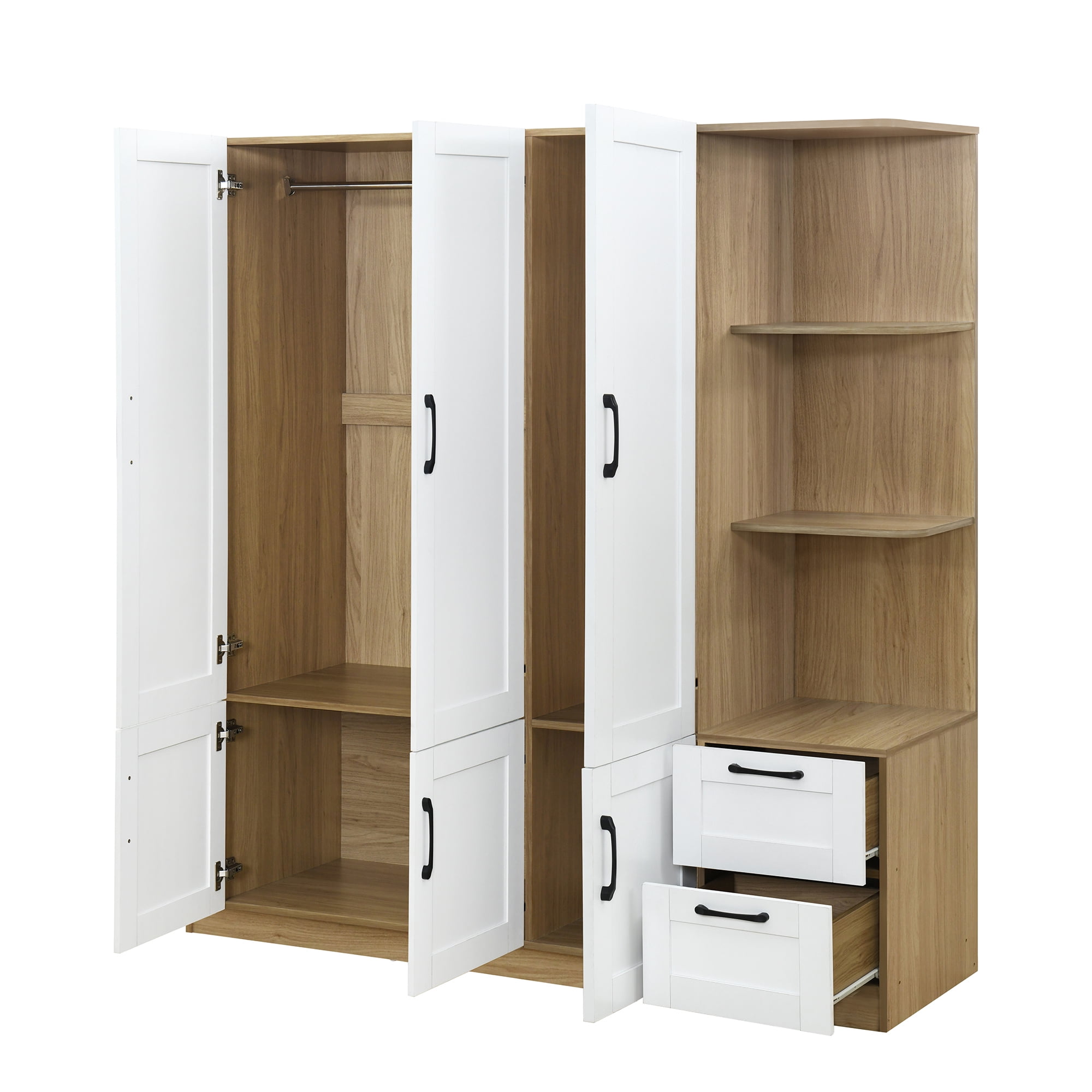 Euroco Modern Wood 3-Door Wardrobe with Drawers and Shelves for Kids Adults, White