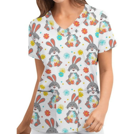 

Bebiullo Easter Scrub Tops for Women Eggs Bunny Print V Neck Short Sleeve Medical Scrub Shirts Top Working Uniform Wear with Pockets gray rabbit XXL
