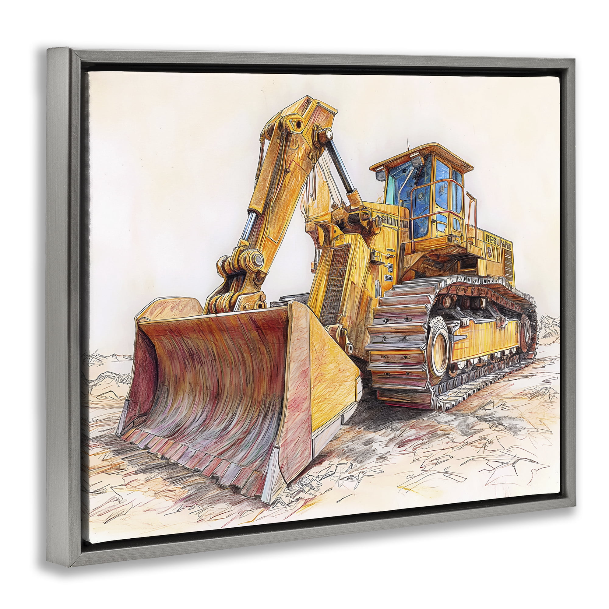 Stupell Industries Industrial Bulldozer Drawing Gray Framed Floater Canvas Wall Art, design by Steve Hunziker